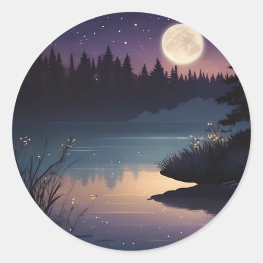Sterrennacht Serenity Lakeside Glow Ronde Sticker (Voorkant)