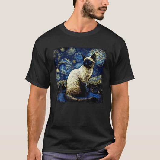 Sterrennacht Siamese Kat Schattige Kat Lover Manne T-shirt (Voorkant)