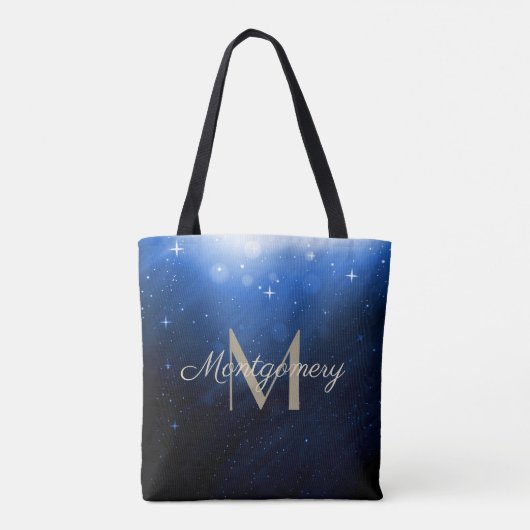Sterrennacht Sky, Gold Vine Flowers Monogram/Naam Tote Bag (Achterkant)