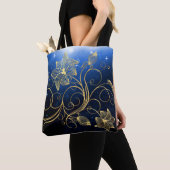 Sterrennacht Sky, Gold Vine Flowers Monogram/Naam Tote Bag (Dichtbij)