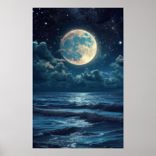 Sterrennacht Sky Volle Maan Zee Realistic Art Post Poster