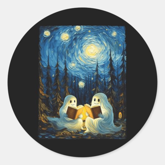 Sterrennacht Spookboek Lezen Camping Halloween Ronde Sticker (Voorkant)