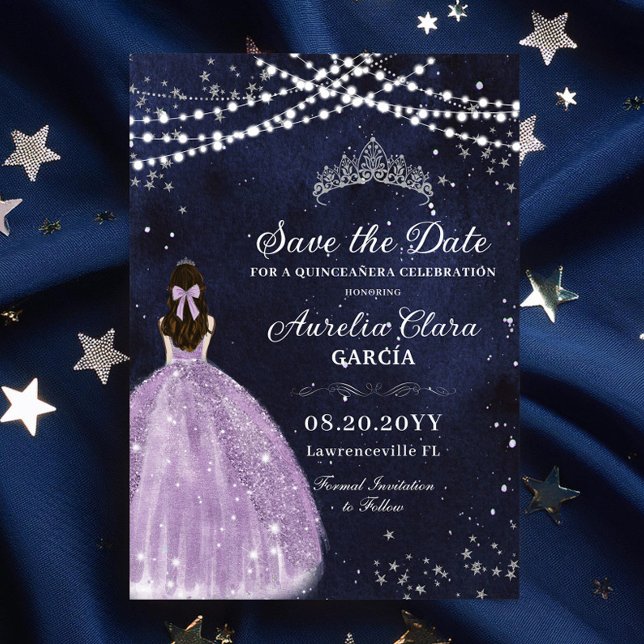 Sterrennacht Star Paarse Quinceañera Bewaar de dat (starry nights under the stars purple lilac dress princess silver quinceanera sweet 16 save the date )