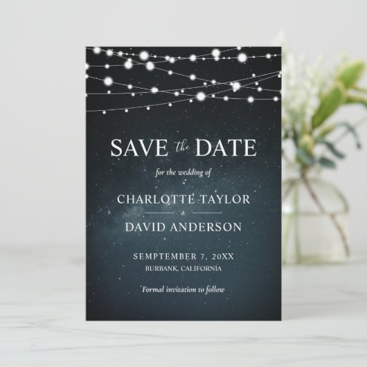 Sterrennacht String Lights Wedding Save The Date (Staand voorkant)