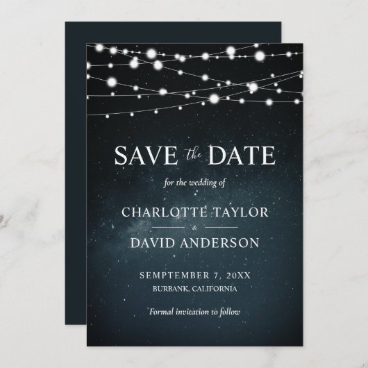 Sterrennacht String Lights Wedding Save The Date (Voorkant / Achterkant)