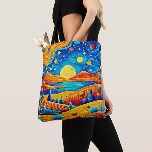 Sterrennacht Surrealisme Cartoon Art Tote Bag (Dichtbij)