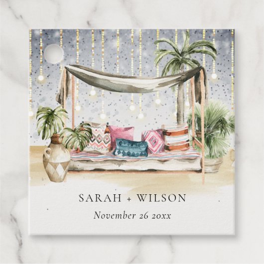 Sterrennacht Tropisch Palm Beach Cabana Weddenscha Bedankjes Labels (Voorkant)