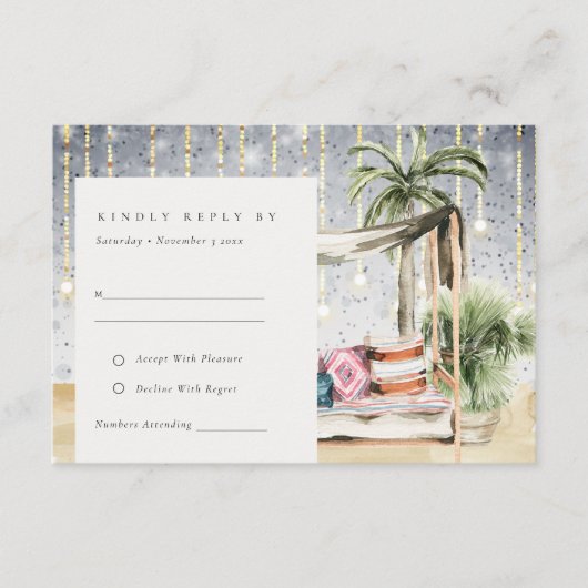 Sterrennacht Tropisch Palm Cabana Wedding RSVP Informatiekaartje (Voorkant)
