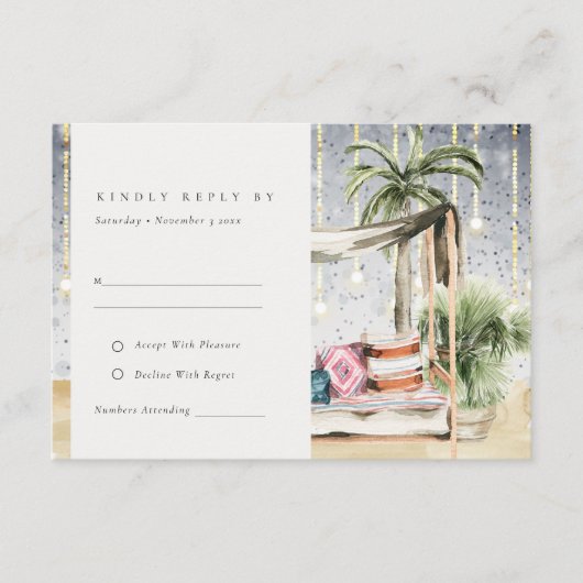 Sterrennacht Tropisch Palm Cabana Wedding RSVP Informatiekaartje (Voorkant)