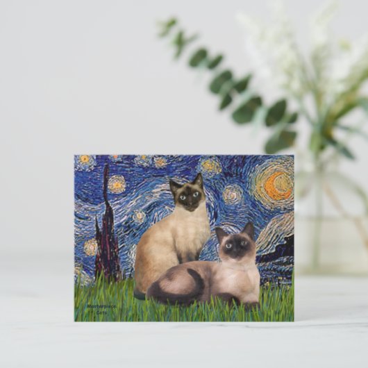 Sterrennacht - Twee Siamese katten (Choc Pt) Briefkaart (Staand voorkant)