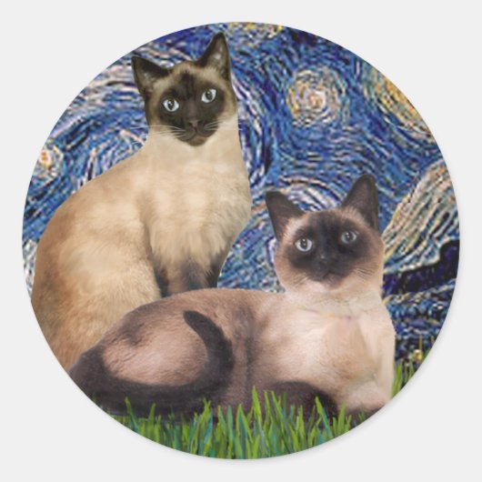 Sterrennacht - Twee Siamese katten (Choc Pt) Ronde Sticker (Voorkant)