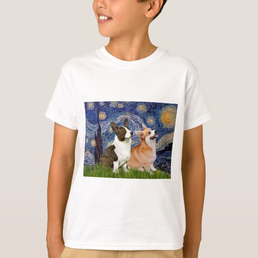 Sterrennacht - Twee Welsh Corgis (C + P) T-shirt (Voorkant)