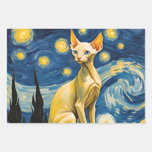 Sterrennacht Van Gogh Elf Sphynx Kat Kunstgeschenk Inpakpapier Vel (Voorkant)