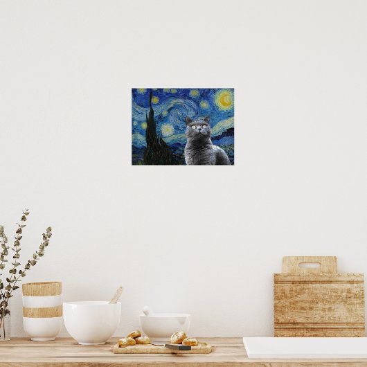 Sterrennacht Vincent Van Gogh Cute Cat Kitten Poster (Keuken)