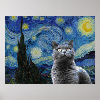 Sterrennacht Vincent Van Gogh Cute Cat Kitten Poster
