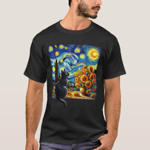 Sterrennacht Vincent Van Gogh Zonnebloemen Kattenl T-shirt