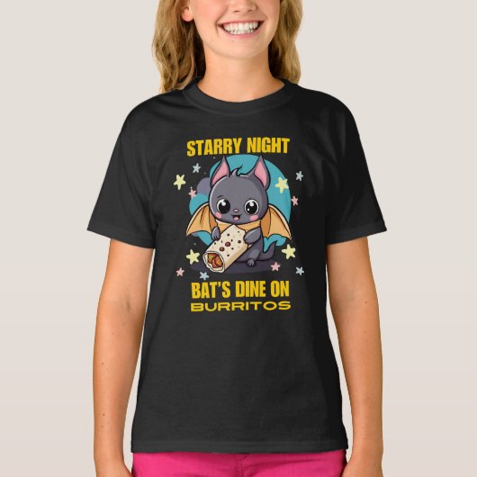 Sterrennacht, vleermuis dineert in Burrito T-shirt (Voorkant)