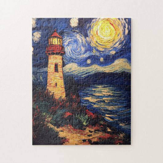 Sterrennacht vuurtoren schilderij legpuzzel (Verticaal)