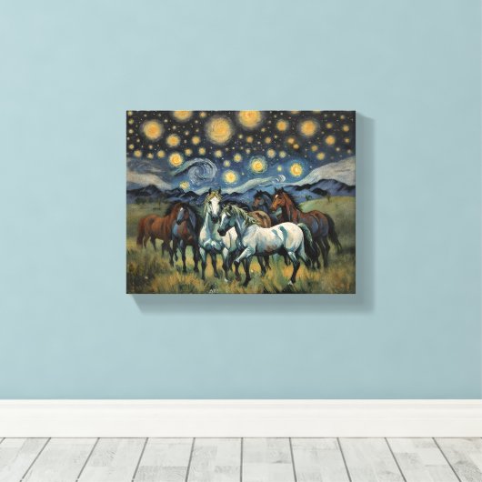 Sterrennacht wilde paarden canvas afdruk (Insitu (Houten vloer))