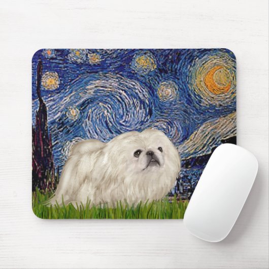 Sterrennacht - Witte pekingese 4 Muismat (Met muis)