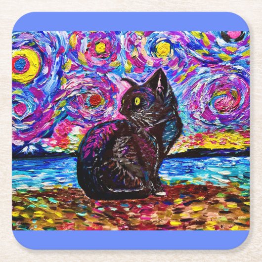 Sterrennacht Zwart Kat Onderzetters (Voorkant)