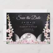 Sterrennacht zwart/roze drievoudig motorhandfastin save the date (Voorkant)