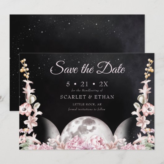 Sterrennacht zwart/roze drievoudig motorhandfastin save the date (Voorkant / Achterkant)