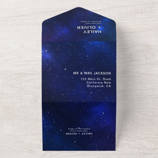 Sterrenstelsel Blauwe Nacht Sky Bruiloft All In One Uitnodiging (Buitenkant)