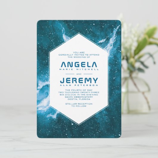 Sterrenstof Kosmische Blauwgroen Blauwe Bruiloft Kaart (Staand voorkant)