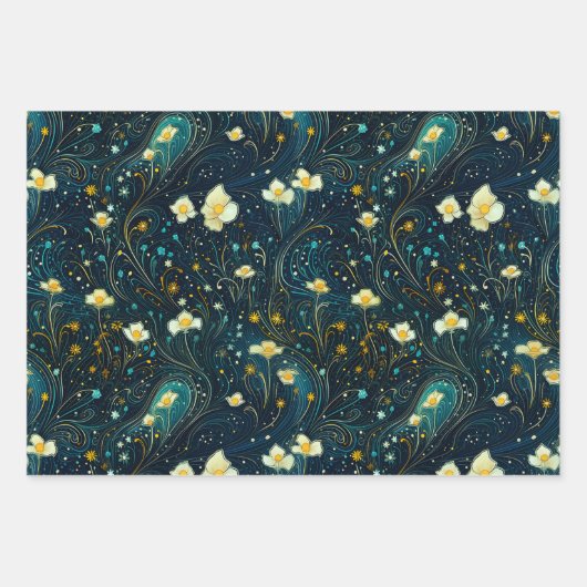 Sterrentuin bloeit blauw, gouden bloemen decoupage inpakpapier vel (Voorkant 2)