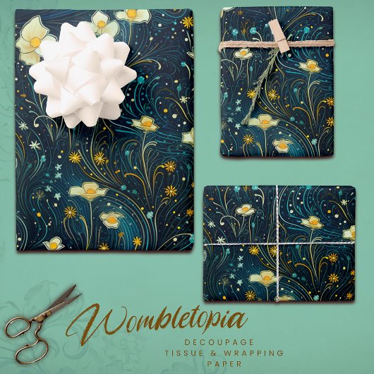Sterrentuin bloeit blauw, gouden bloemen decoupage inpakpapier vel