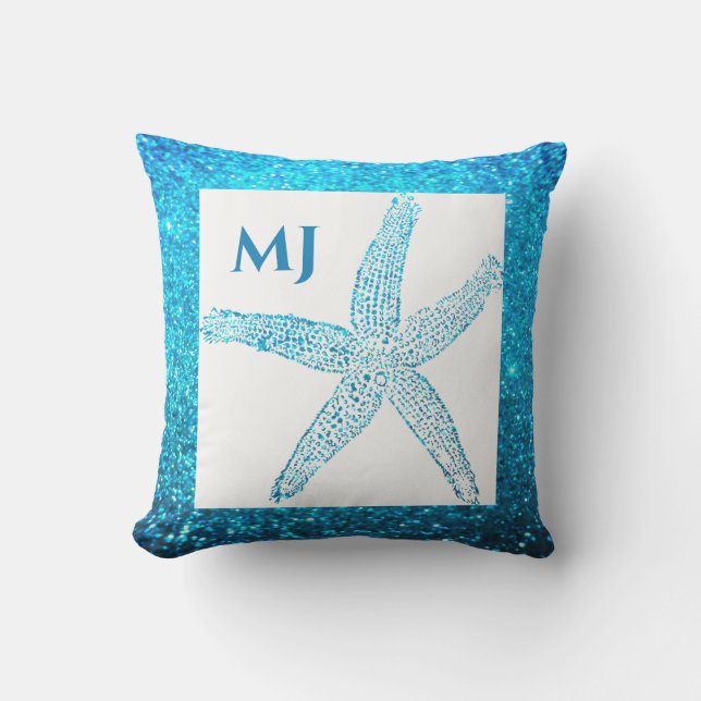 Sterrenvis Glitterende Turquoise Blauwe Monogram B Buitenkussen (Voorkant)
