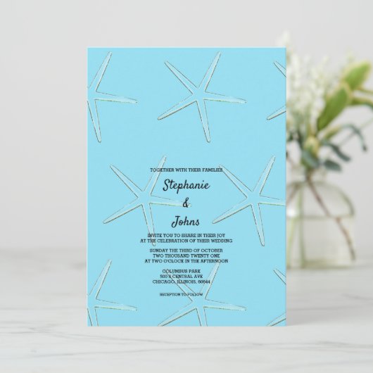 Sterrenvis Patroon Blauw Strand Bestemming Bruilof Kaart (Staand voorkant)