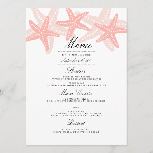 Sterrenvis Strand Bruiloft Diner Menu Perzik (Voorkant)