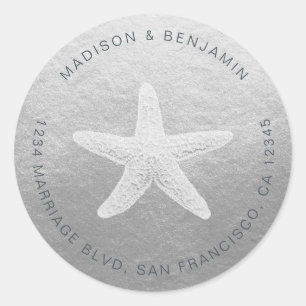 Sterrenvis Strand Bruiloft Retouradres Zilver Ronde Sticker