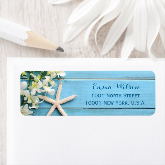 Sterrenvisstrand retouradreslabels met orchideeën etiket (Insitu)