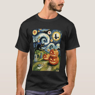 Sterrige Nacht Halloween Zwarte Kat Grappige Kostu T-shirt