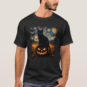 Sterrige Nacht Halloween Zwarte Kat Zit Op Een Jac T-shirt