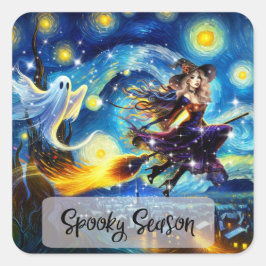 Sterrige Nacht Hekserige Halloween-ontwerp Vierkante Sticker