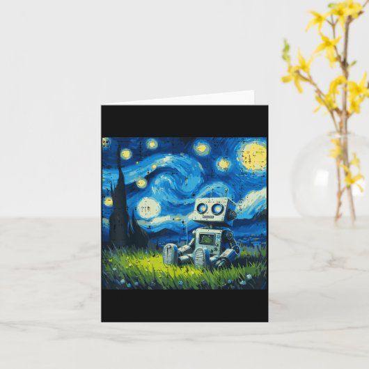 Sterrige Nacht Robot Grappige Schilderkunst Meme K Kaart (Gele Bloem)