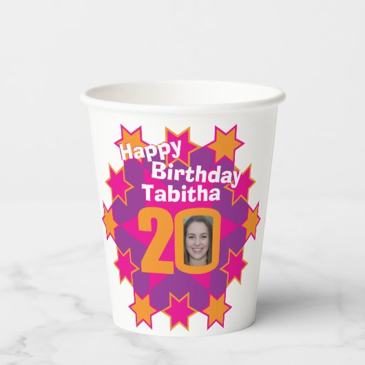 Sterroze goudgeel 20e verjaardag twee foto's papieren bekers (Achterkant)