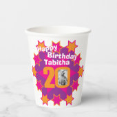 Sterroze goudgeel 20e verjaardag twee foto's papieren bekers (Voorkant)