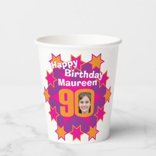 Sterroze goudgele 90e verjaardag twee foto's papieren bekers (Achterkant)