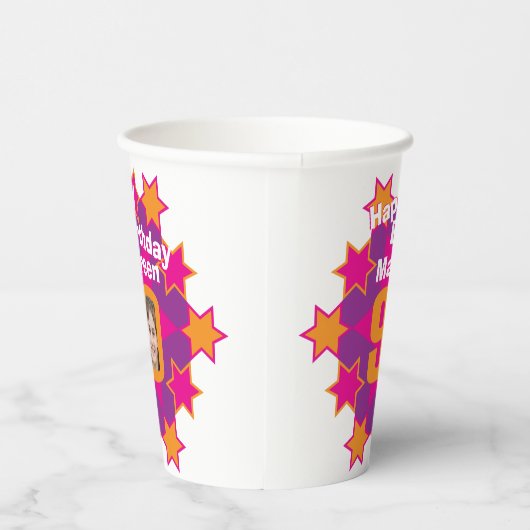 Sterroze goudgele 90e verjaardag twee foto's papieren bekers (Rechts)