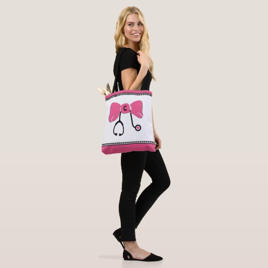 Stethoscoop Bow Roze & Wit Tote Bag (Op model)