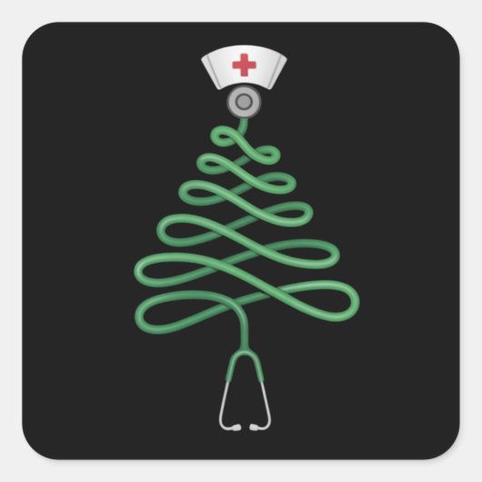 Stethoscoop Kerstboom Nurse Scrub Xmas Vierkante Sticker (Voorkant)