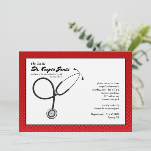 Stethoscoop met Rode Lijst Medisch Afstuderen Inv Kaart (Staand voorkant)