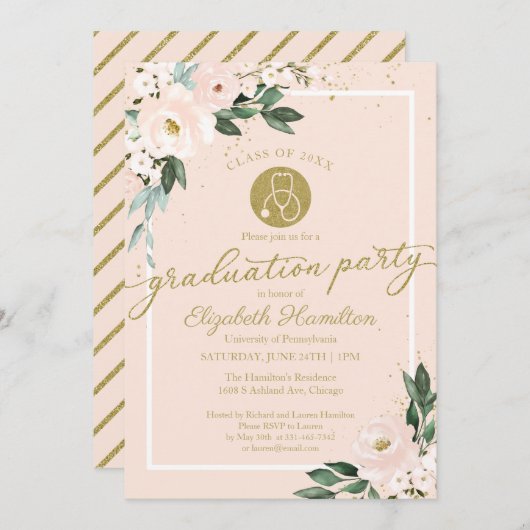 Stethoscoop Nursing School Afstudeerder Party Roze Kaart (Voorkant / Achterkant)