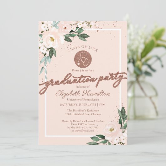 Stethoscoop Nursing School Afstudeerder Party Roze Kaart (Staand voorkant)