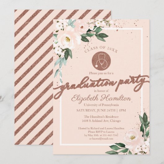 Stethoscoop Nursing School Afstudeerder Party Roze Kaart (Voorkant / Achterkant)